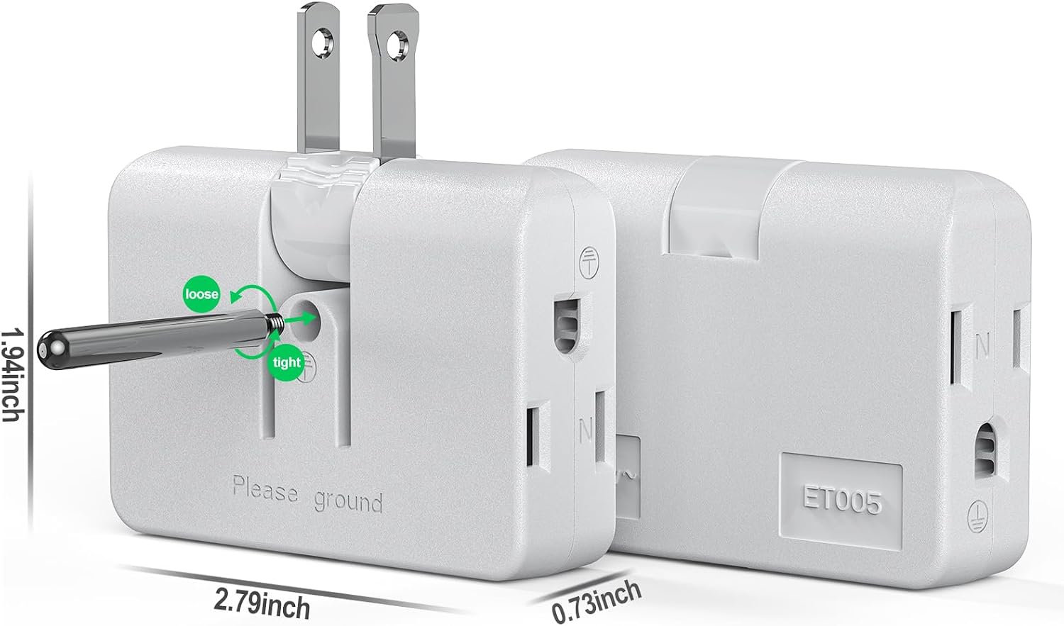 ETwinCoo 2-Prong/3-Prong Swivel Adapter, Polarized Grounding Converter with Flat Wall Plug, Fireproof 3-Outlet for Home Use (2 Pack)