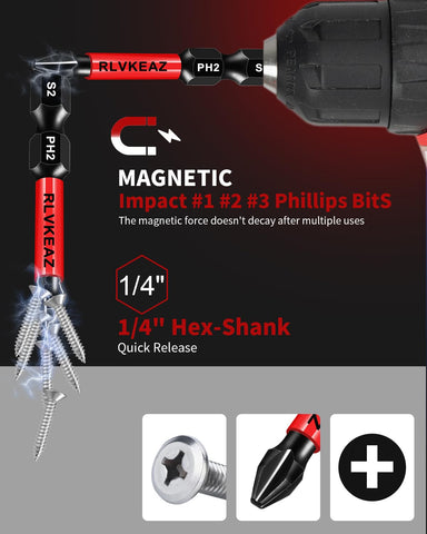 10-Pack Phillips Screwdriver Bits, PH1 PH2 PH3 Magnetic 2-Inch
