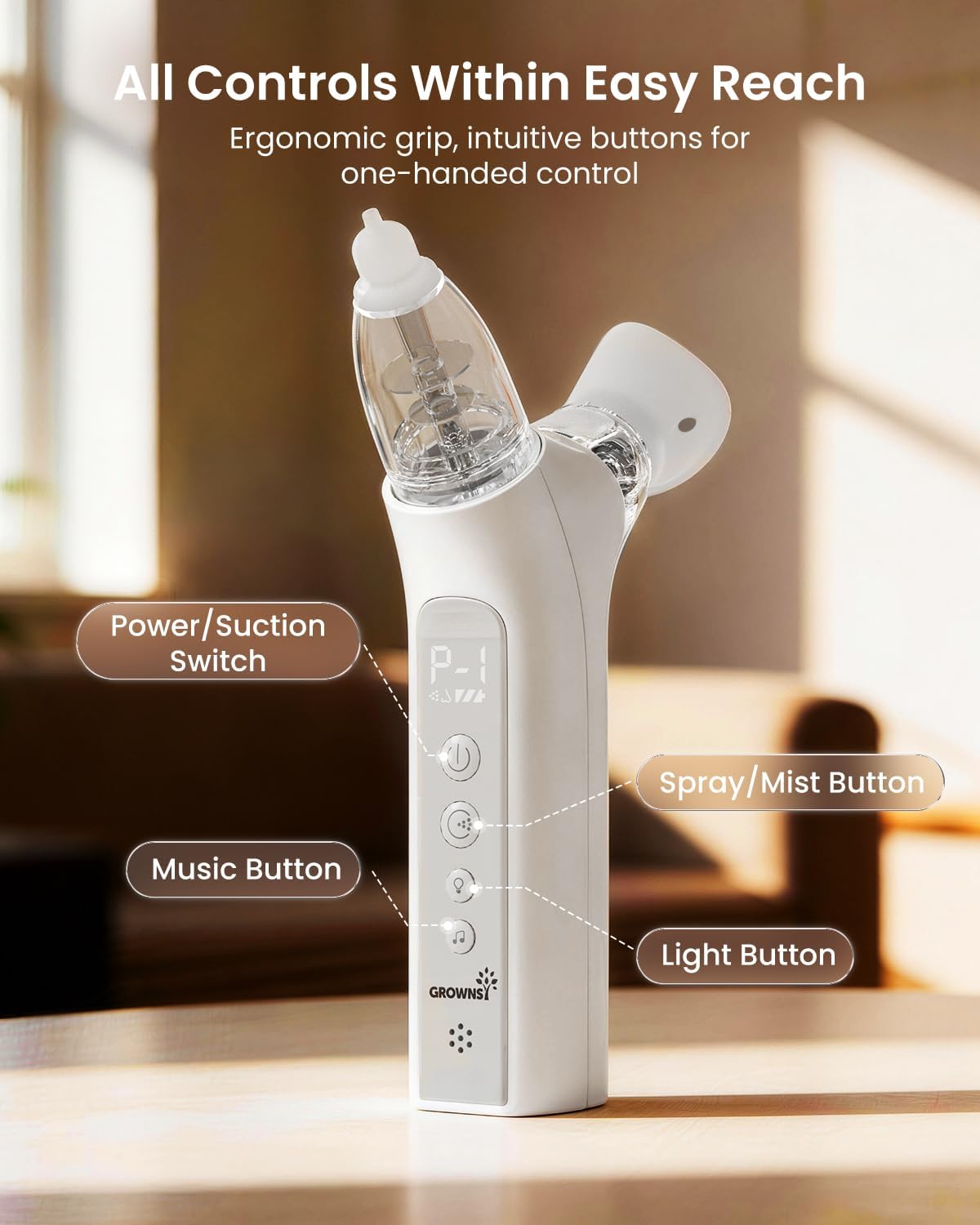 GROWNSY SniffEase 3-in-1 Baby Nasal Aspirator – Spray, Suction & Mist, Grey