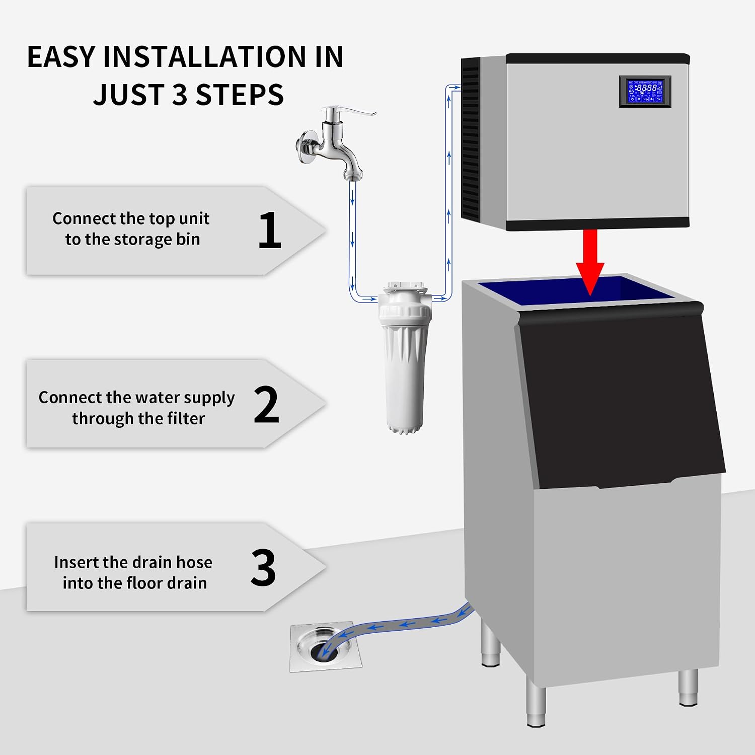 Commercial Ice Machine 1000 Lbs/24H, Industrial Ice Maker Machine with 640 Lbs Ice Storage, Vertical Ice Maker Machine, Air Cooled Stainless Steel Ice Cube Maker for Commercial and Home Use