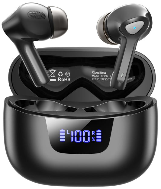 Wireless Earbuds Bluetooth V5.3 Headphones 50H Playback Deep Bass Stereo Ear Buds with LED Power Display Charging Case IPX7 Waterproof Earphones with Mic Headset for Laptop Pad Android/iOS Phones