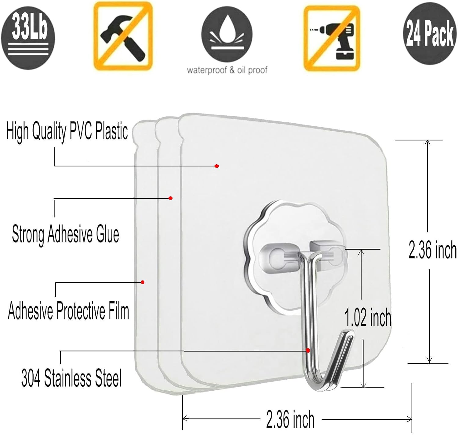 24 Pack Adhesive Wall Hooks 33LB Heavy Duty No Drill Clear Sticky Hooks