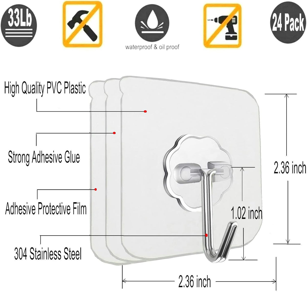 24 Pack Adhesive Wall Hooks 33LB Heavy Duty No Drill Clear Sticky Hooks