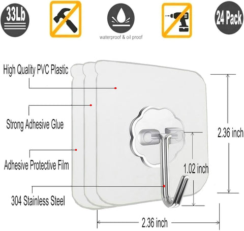 24 Pack Adhesive Wall Hooks 33LB Heavy Duty No Drill Clear Sticky Hooks