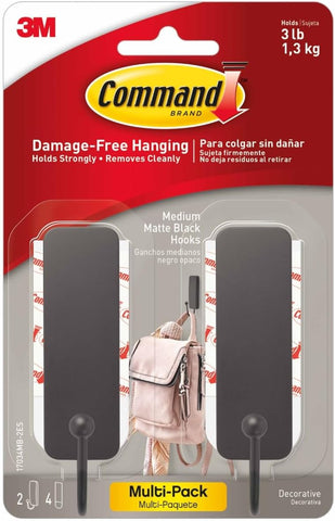 Command Medium Black Hooks, 2 Hooks, 4 Strips