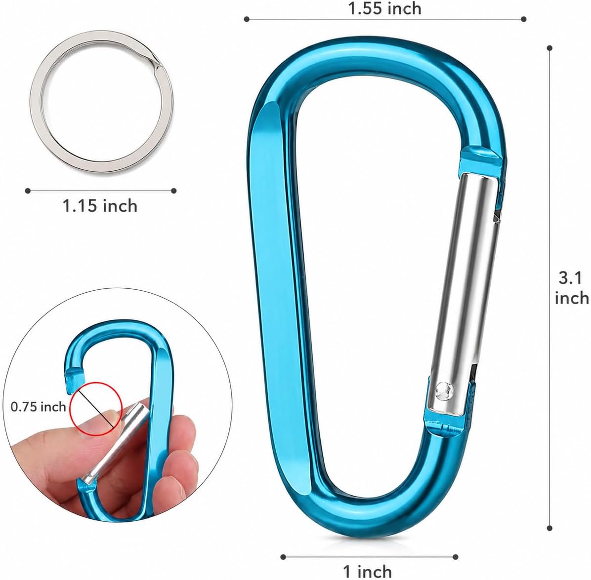 CampTek Carabiner Caribeaner Clip,3" Large Aluminum D Ring Shape Carabeaner with Keyring Keychain Hook