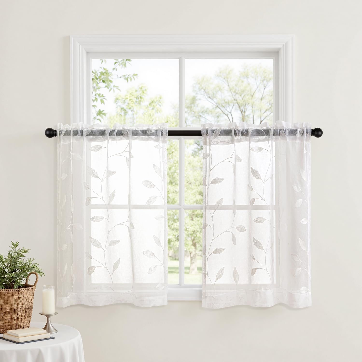 MIULEE White Sheer 30x36 Inches Length 2 Panels Embroidered Leaf Patterned