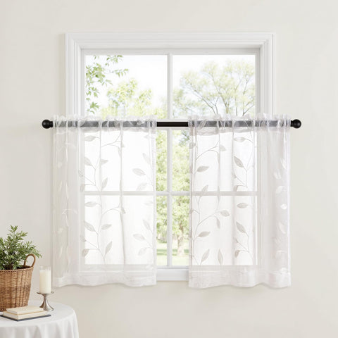 MIULEE White Sheer 30x36 Inches Length 2 Panels Embroidered Leaf Patterned