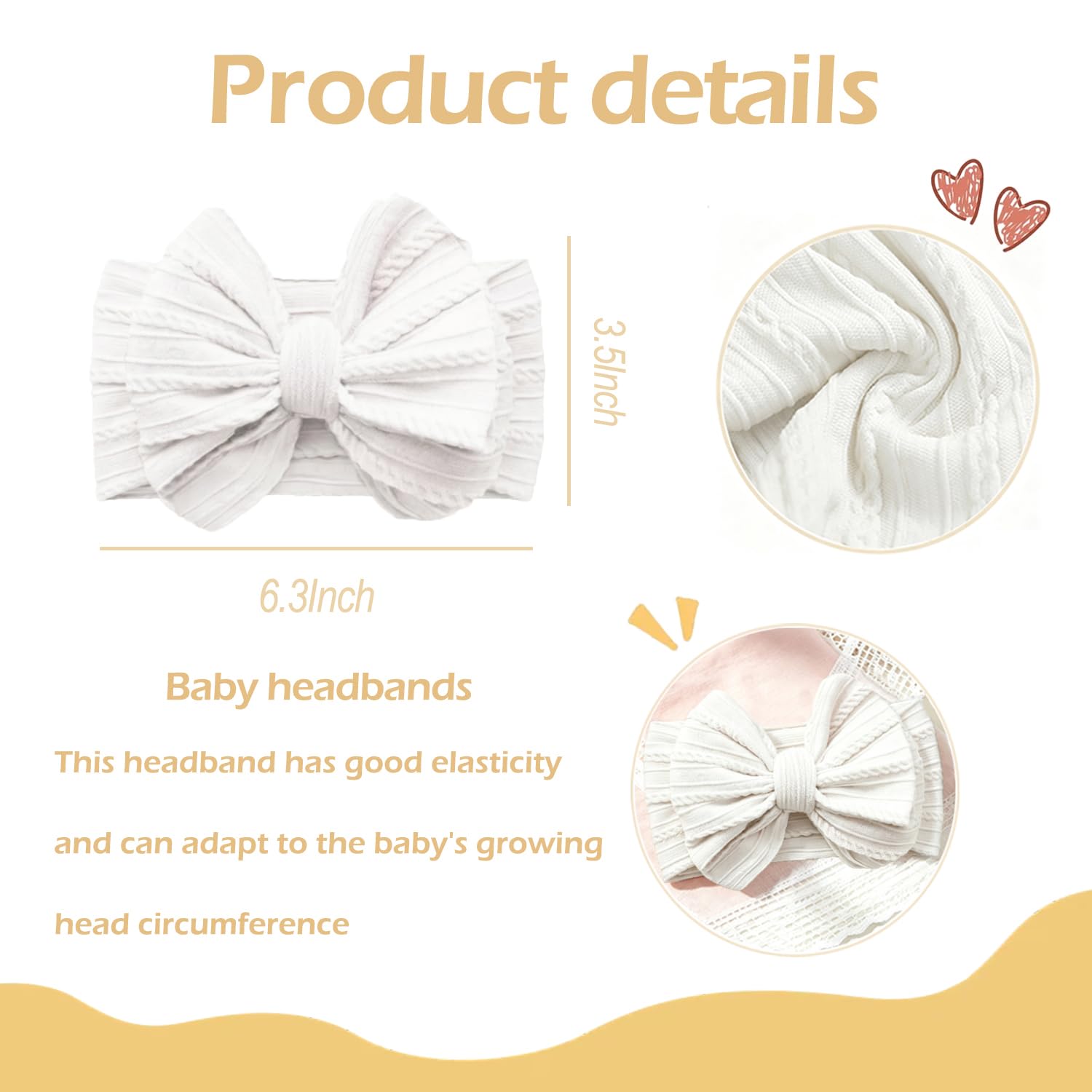 Baby Bows Headbands Soft Nylon Handmade Hair Accessories for Newborn Infant Toddler Kids (White, Large)