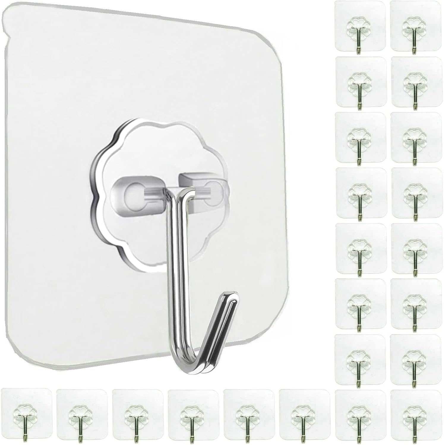 24 Pack Adhesive Wall Hooks 33LB Heavy Duty No Drill Clear Sticky Hooks