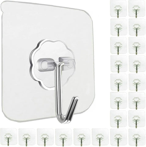 24 Pack Adhesive Wall Hooks 33LB Heavy Duty No Drill Clear Sticky Hooks