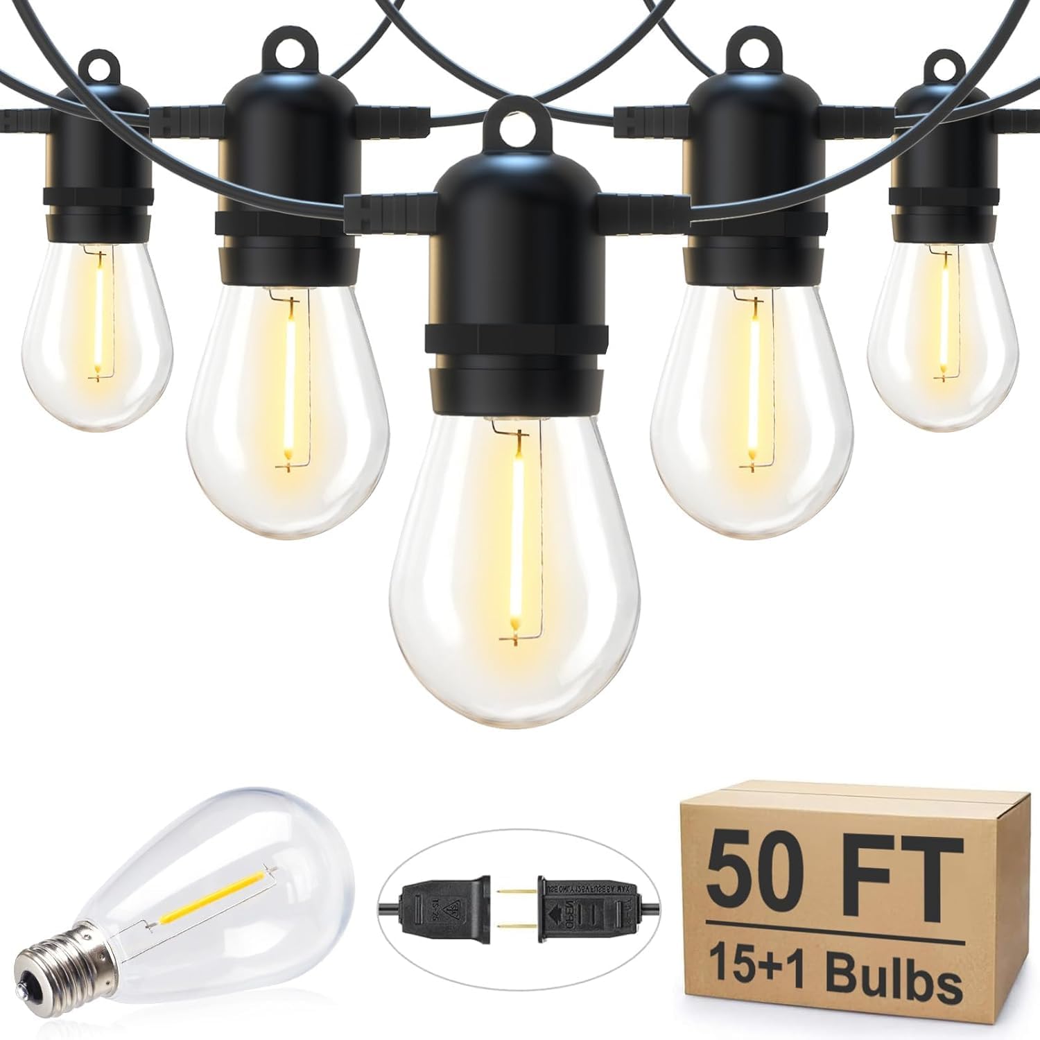 Brightown Outdoor String Lights, 50FT 15 Bulbs Shatterproof Patio Lights