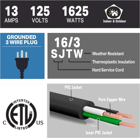 4 Pack 8FT 16 AWG Heavy Duty Extension Cord 3 Prong SJTW ETL Indoor Outdoor