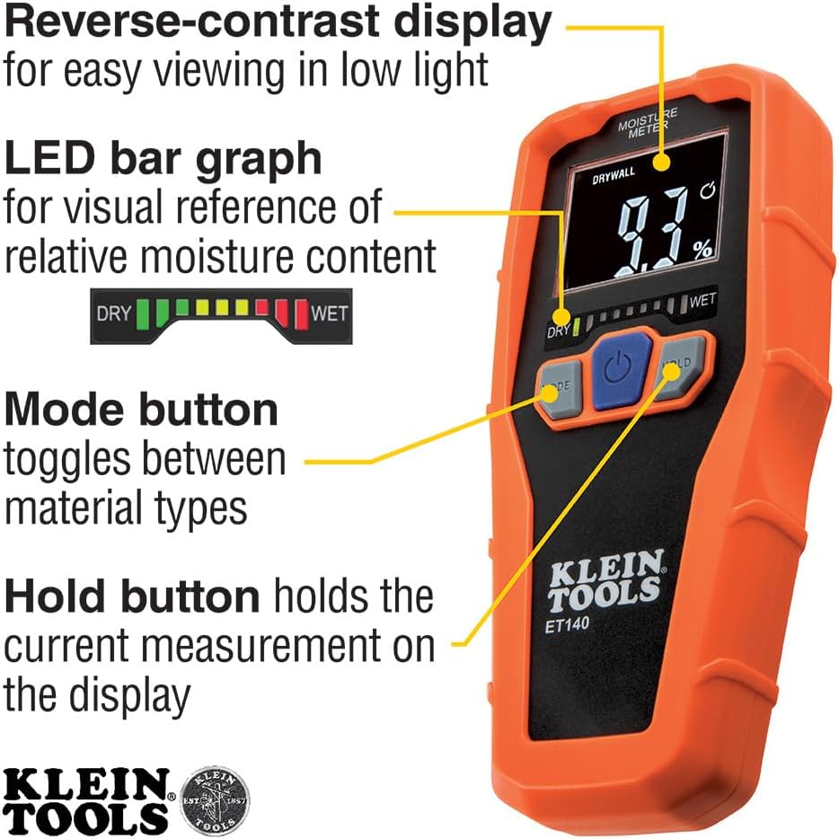 Klein Tools ET140 Pinless Moisture Meter for Non-Destructive Moisture Detection in Drywall, Wood, and Masonry; Detects up to 3/4-Inch Below Surface