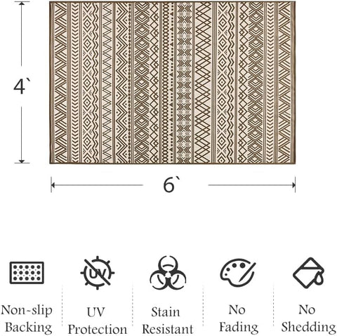Outdoor Rug Carpet 4x6 ft, Flatweave Textured Outdoor Patio Rug Non Slip Indoor Outdoor Rugs with Rubber Particles Backing Boho Outdoor Area Rug for Patio Deck Front Porch Backyard Balcony, Brown