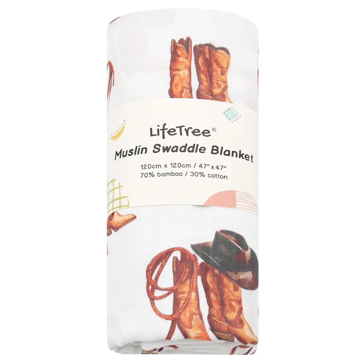 LifeTree Muslin Swaddle Blankets, Western Baby Swaddles for Boys Girls Newborn, Soft Large 47" x 47", Cowboy Boot Print Baby Blanket, 70% Viscose from Bamboo and 30% Cotton