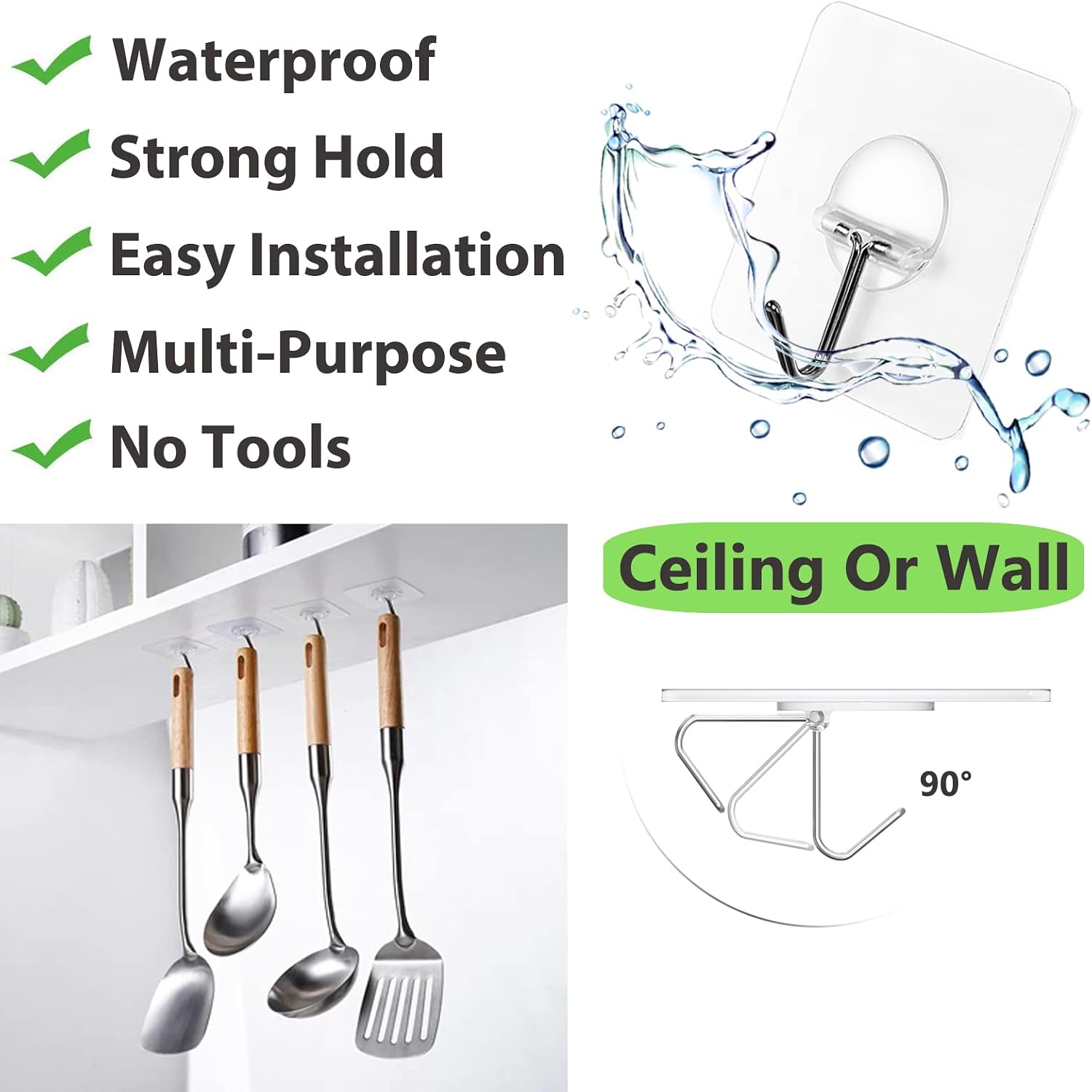 Adhesive Wall Hooks No Drill Clear Heavy Duty, 13LB Sticky 12 Pack