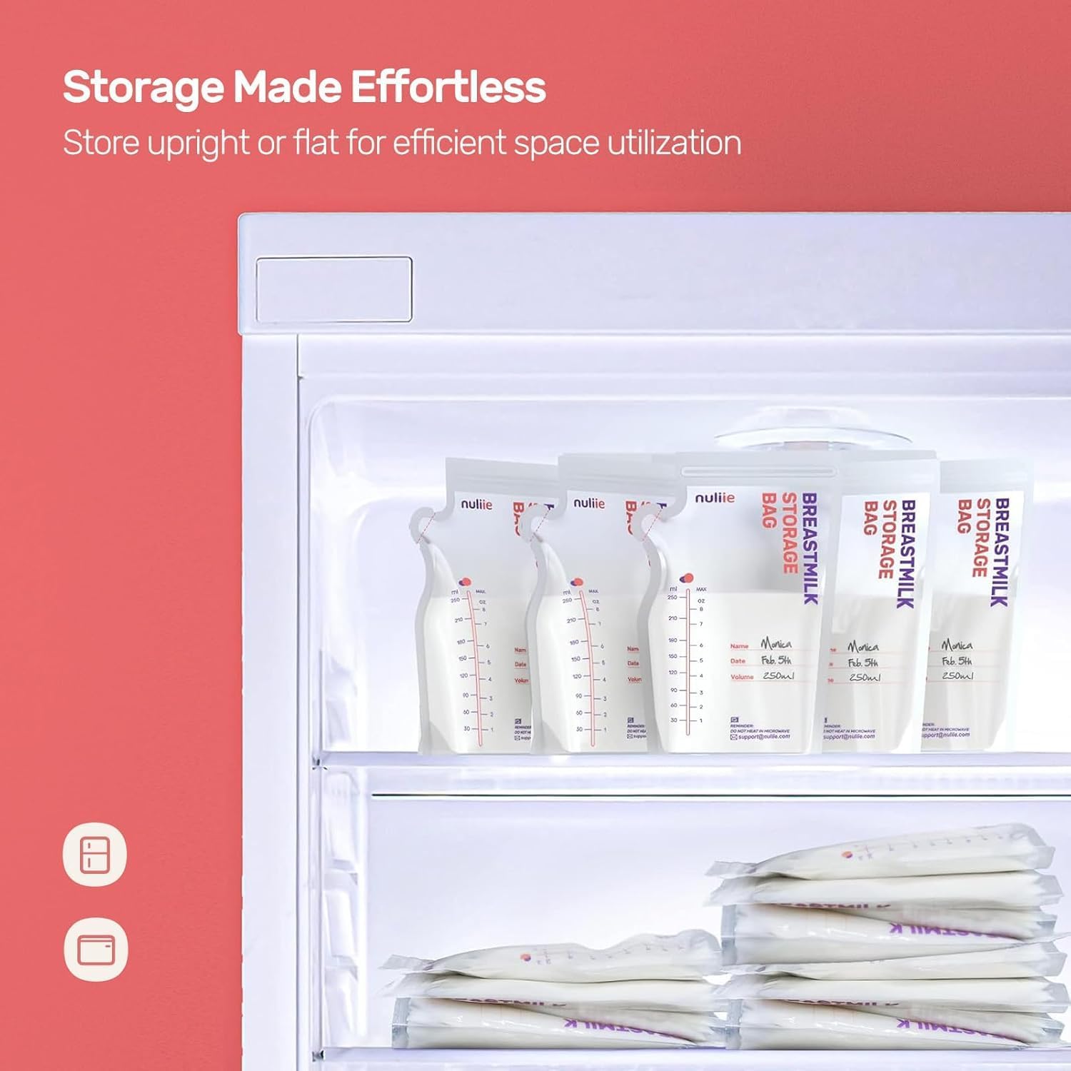 Nuliie 120 Pcs Breastmilk Storage Bags Freezer, 8 OZ Breast Milk Storing Bags, BPA-Free, Milk Storage Bags with Pour Spout for Breastfeeding, Self-Standing Bag, Space Saving Flat Profile