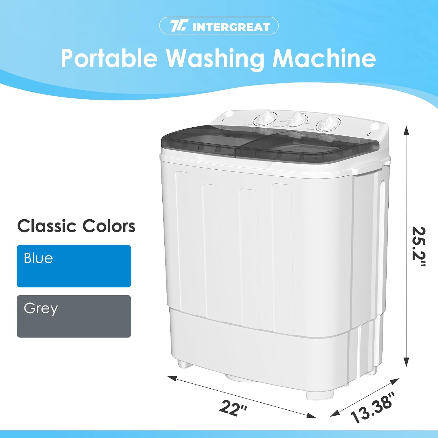 INTERGREAT Portable Washing Machine, 25lbs Compact Portable Washer and Dryer Combo with Timer Knobs, Twin Tub Mini Laundry Washer for Apartments, Dorm, Rv, Camping, Gray