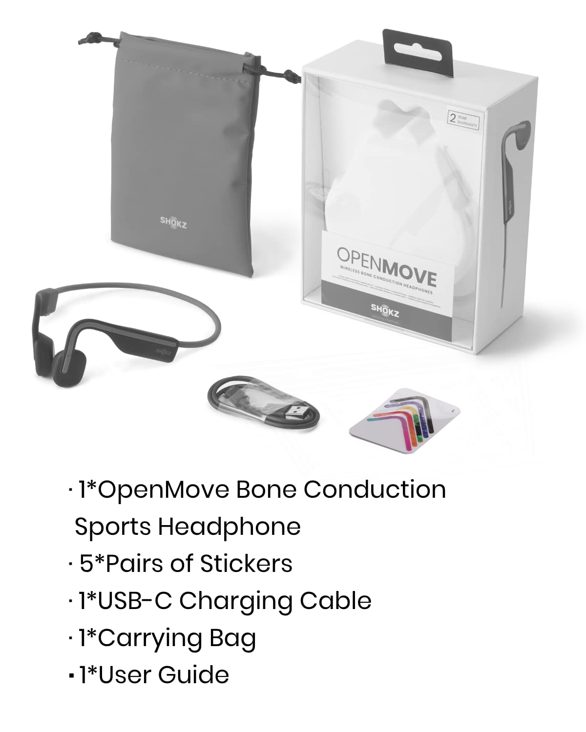 SHOKZ OpenMove - Open-Ear Bluetooth Sport Headphones - Bone Conduction Wireless Earphones - Sweatproof for Running and Workouts, with Sticker Pack (Grey)