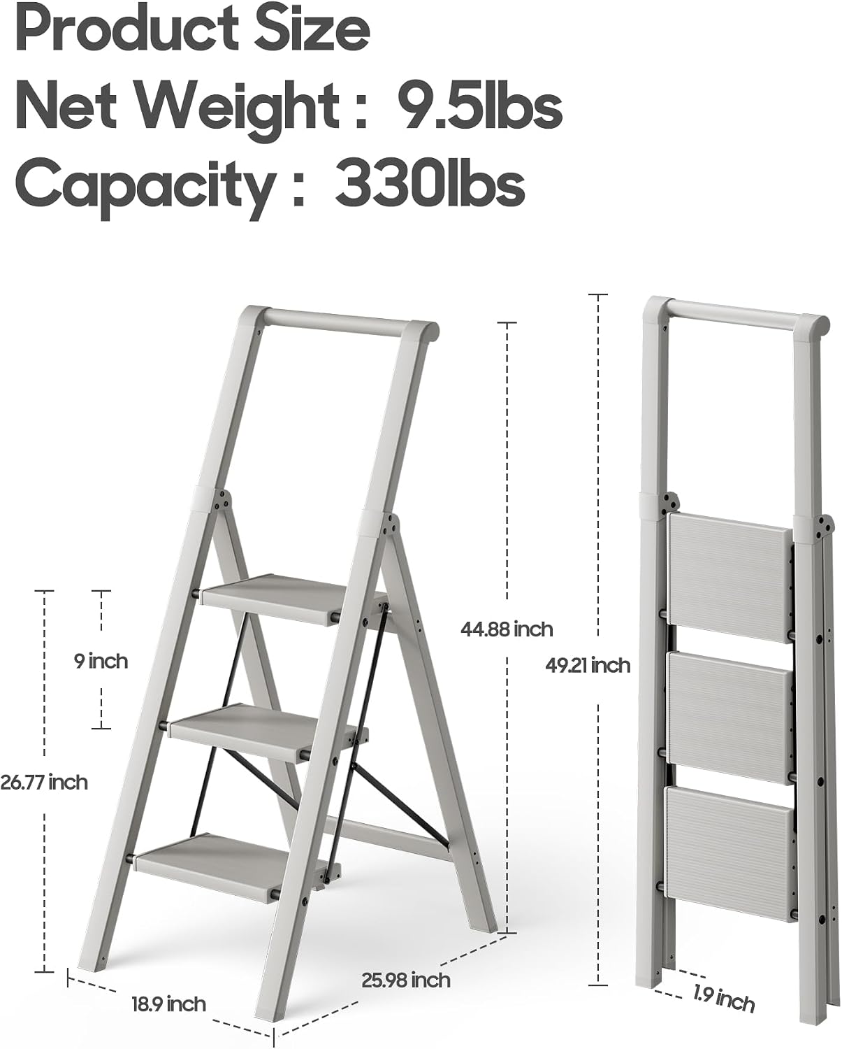 HillhutApex Aluminum 3 Step Ladder, Step Stool Foldable Ladder(Pale Grey)