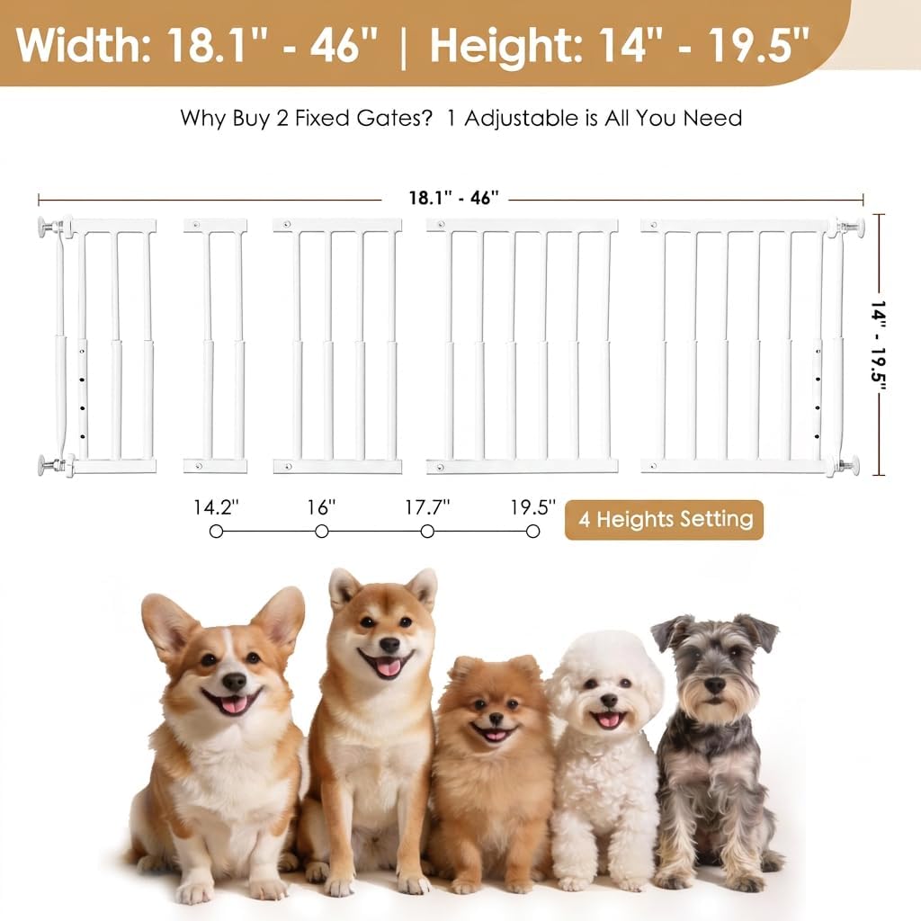 14''-19.5'' Height Adjustable Dog Gate, Extra Wide 18.1"-46" All Metal Short Dog Gate to Step Over, Pressure Mount Small Pet Puppy Gate for Stairs & Doorways(White)