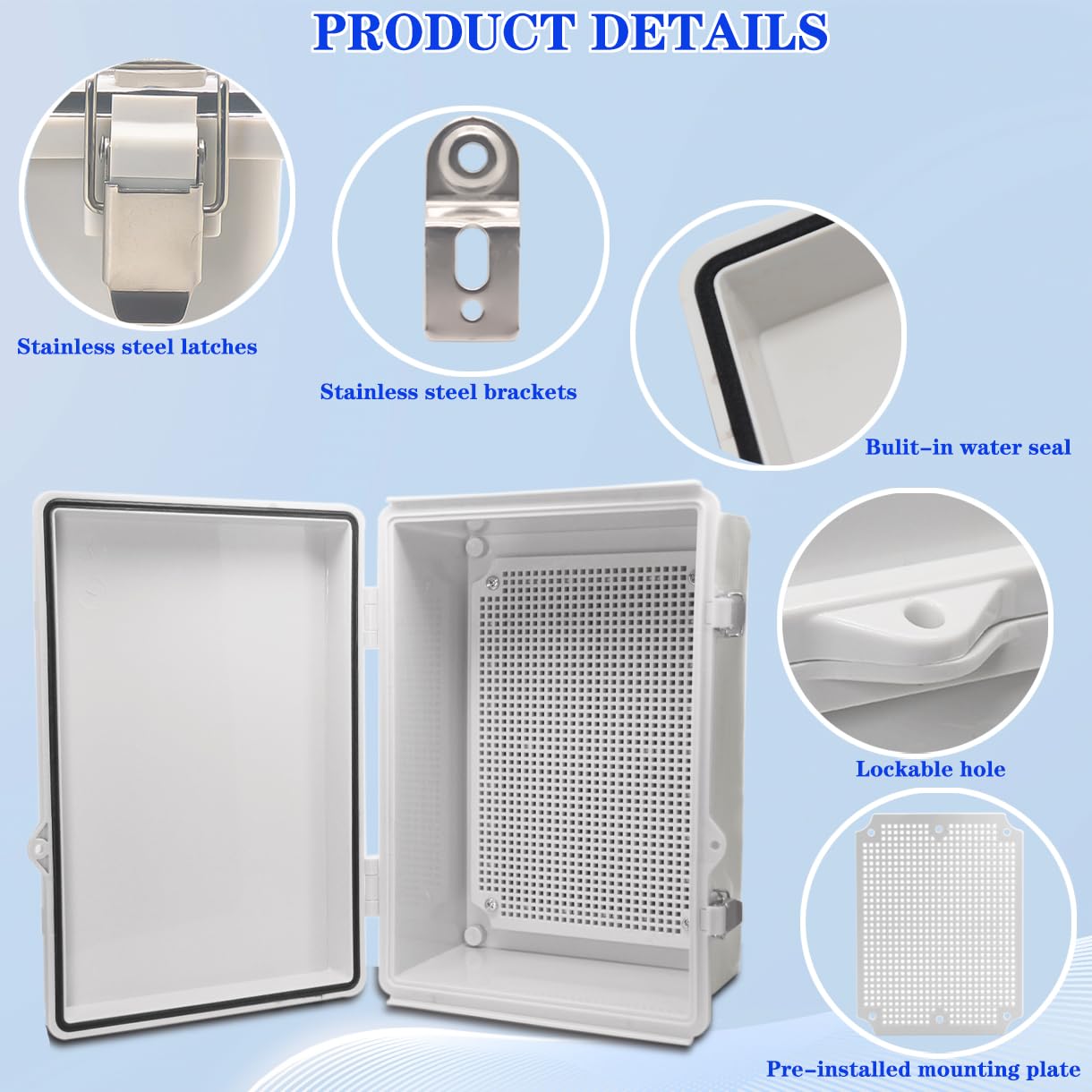 Outdoor Waterproof Electrical Box Junction Box Weatherproof IP67 ABS Plastic Enclosure Switch Router Project Box Electronics Enclosure with Mounting Plate Wall Bracket Grey 11.1"x7.5"x5.1"