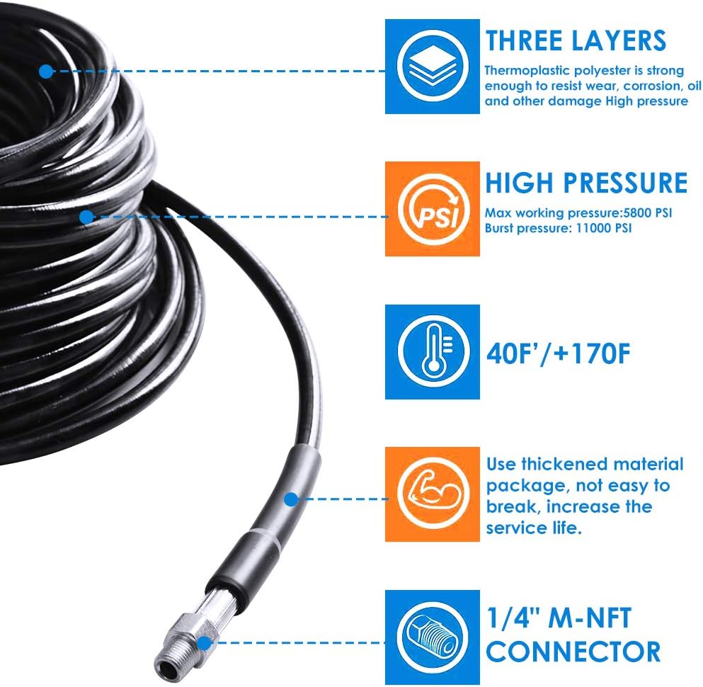 Sewer Jetter Kit for Pressure Washer 100FT, 5800PSI Drain Cleaner Hose 1/4 Inch NPT Corner, Rotating and Button Hose Sewer Jetting Nozzle Pearl Corsage Pin Waterproof Tape with 2 Spanner