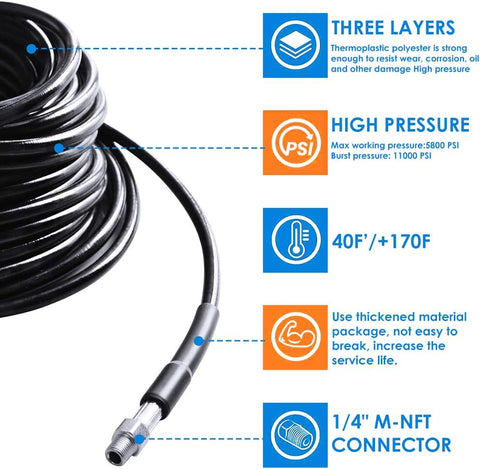 Sewer Jetter Kit for Pressure Washer 100FT, 5800PSI Drain Cleaner Hose 1/4 Inch NPT Corner, Rotating and Button Hose Sewer Jetting Nozzle Pearl Corsage Pin Waterproof Tape with 2 Spanner