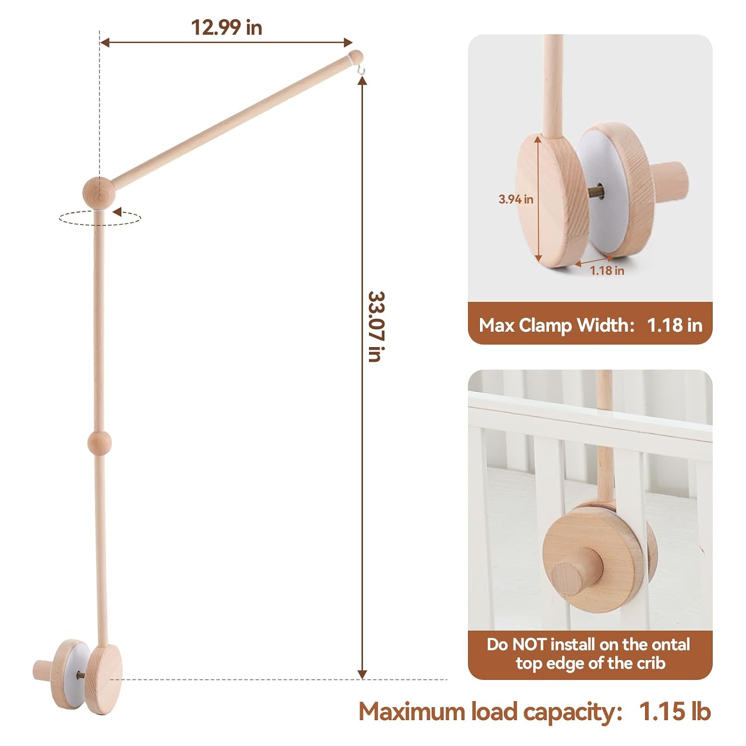 Baby Crib Mobile Arm,HBM 36 inch Wooden Mobile Arm for Crib Mobile Hanger for Crib Baby Girl Nursery Decor