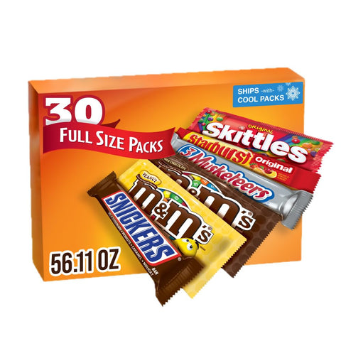 M&M'S, SNICKERS, 3 MUSKETEERS, SKITTLES & STARBURST Variety Pack Full Size Bulk Candy Assortment, 56.11 oz, 30 Bars