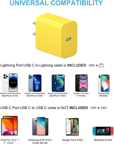 iPhone 14 13 12 11 Super Fast Charger [2Pack] cargador 20W Rapid USB C Wall Charger Block with 6FT Fast Charging Cable Compatible with iPhone 14/13/12/11/Pro/Pro Max/Mini/Xs Max/XR/X, iPad -Yellow