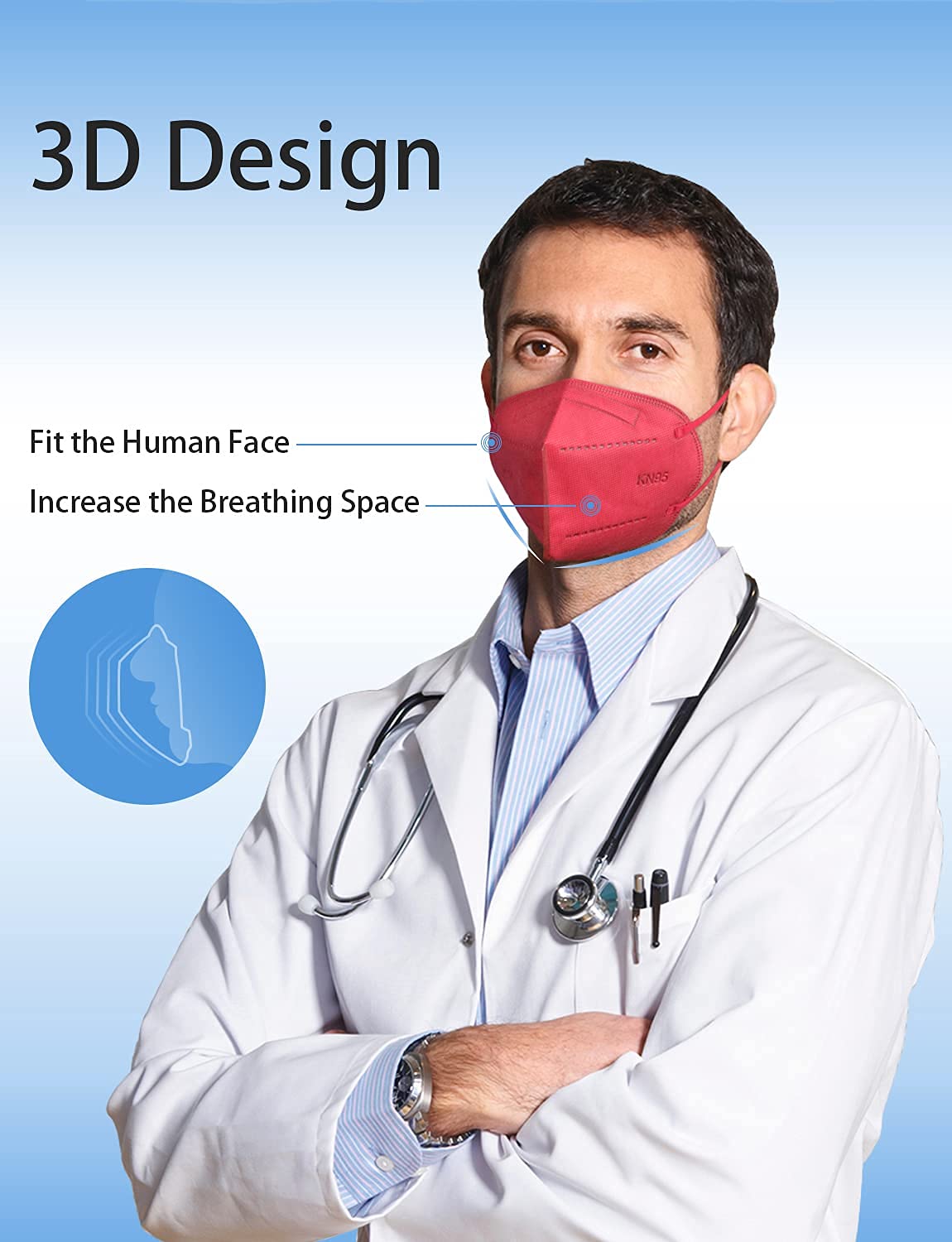 HUHETA KN95 Face Mask 60 PCs, 5-Ply Safety Masks for Men and Women, Filter Efficiency Over 95% (Red Mask)
