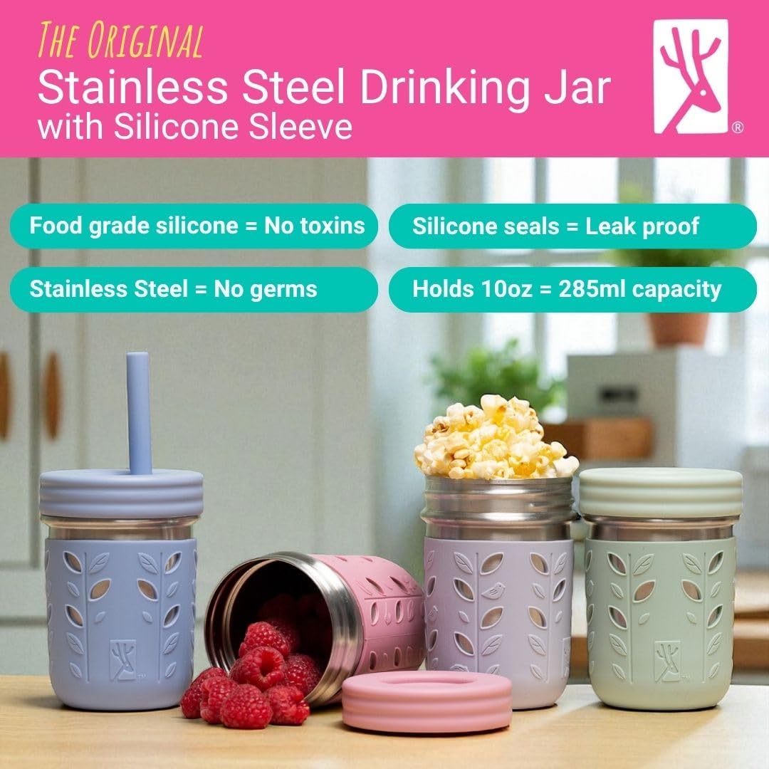 Elk and Friends Kids 10oz Stainless Steel Mason Jars + Sleeves + Lids | 4pk