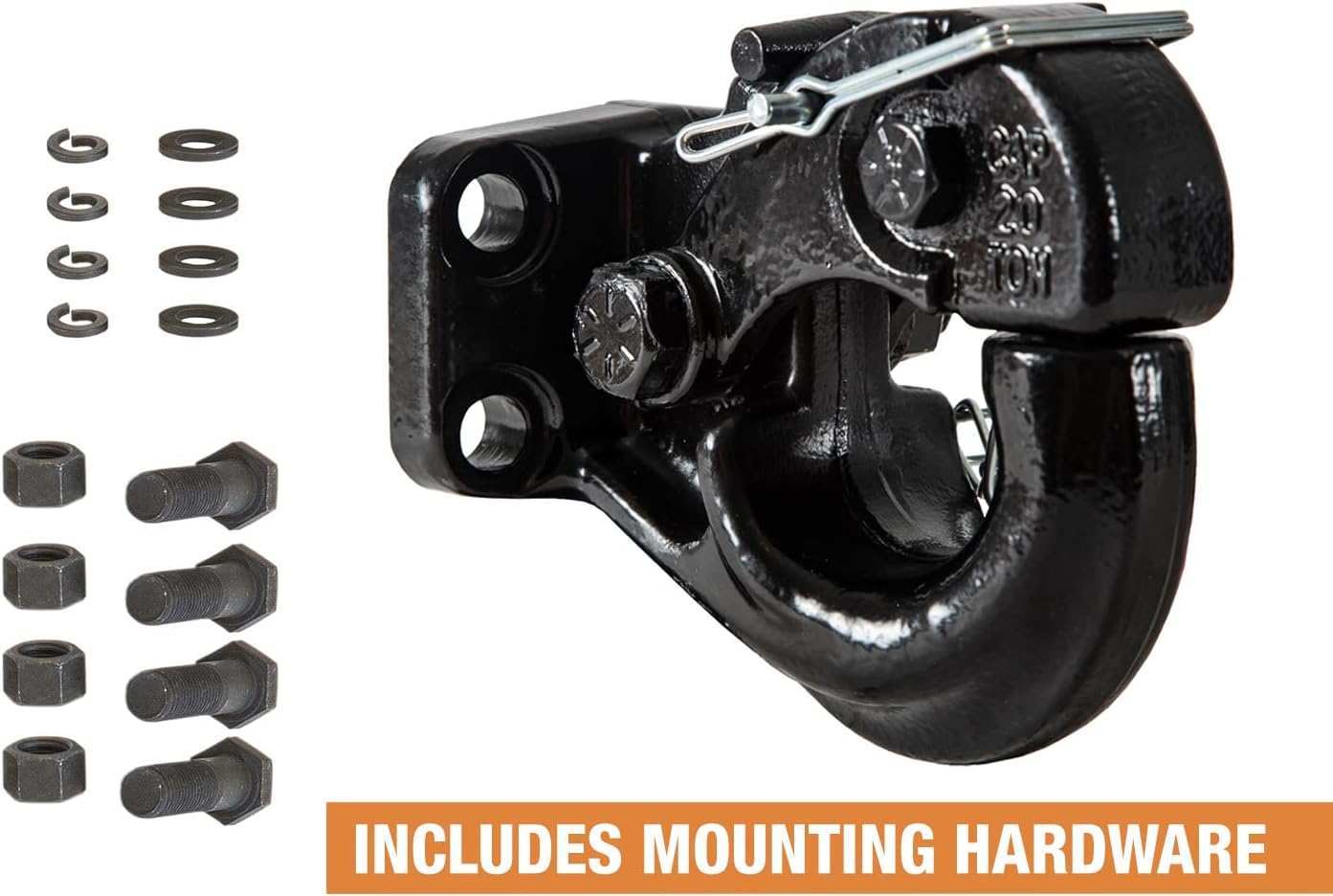 Buyers Products 10042 20 Ton Pintle Hook w/Mounting Kit, 40,000 lb MGTW, 8,000 lbs MVL, Pintle Hitch for Heavy Equipment Towing, Spring‑Loaded Lock, Fits 2–3 in Lunette Ring, Black Powder Coat