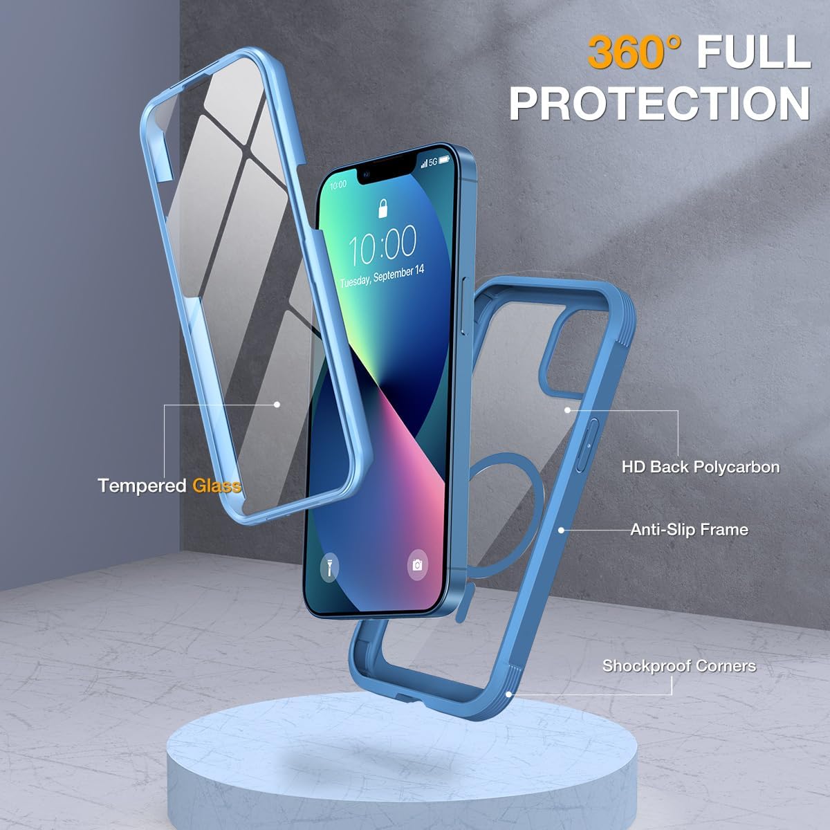 miracase for iPhone 13 Case 6.1",Built-in Glass Screen Protector,Blue
