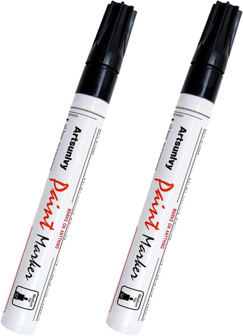 Artsunlvy Black Paint Pens Permanent Markers - 2 Pack Oil Based Quick Dry Waterproof Markers for Plastic, Tire, Rubber,Wood, Rocks, Metal, Canvas, Dark Surface,Craft Art Supplies,Medium Point