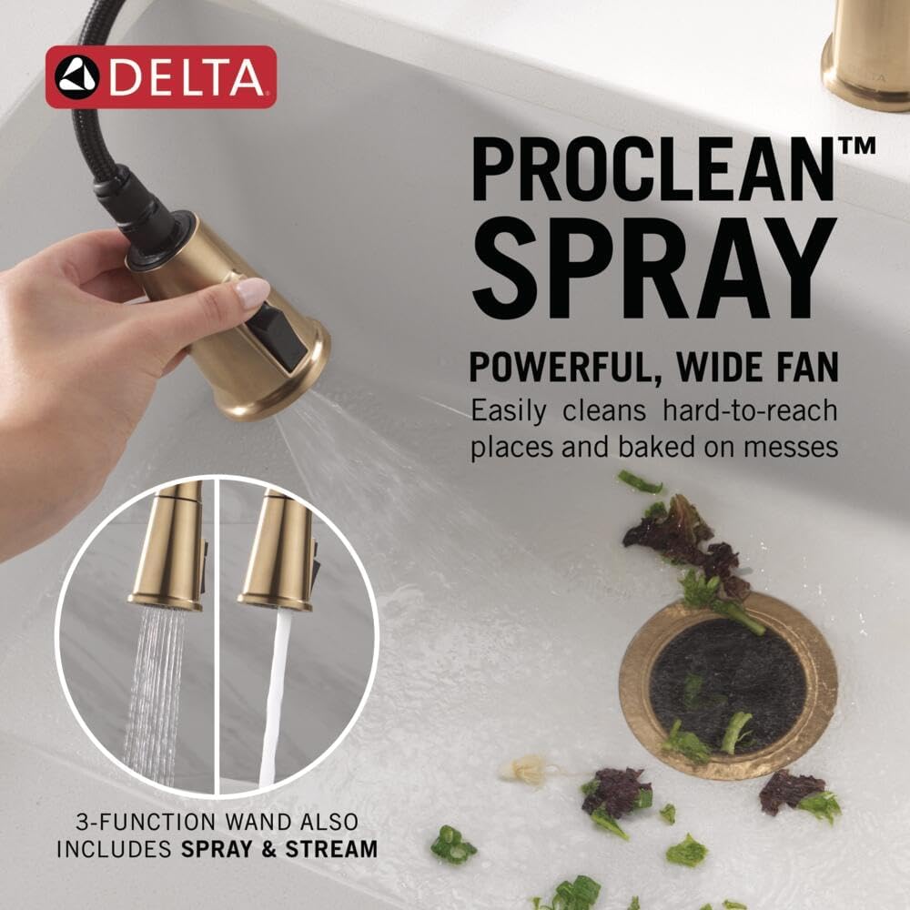 Delta Finnridge Brushed Gold Kitchen Faucet with Pull Down Sprayer, High Pressure ProClean Spray Modern Single Hole Kitchen Sink Faucet, Champagne Bronze 19730LF-CZ