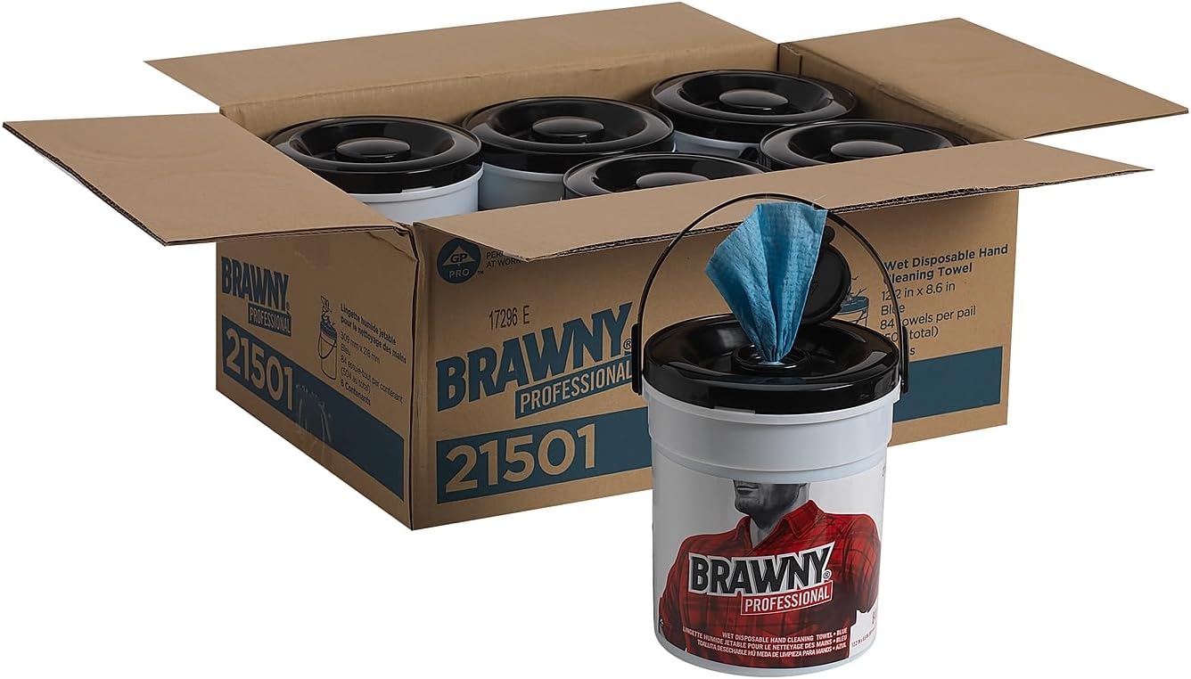 Georgia-Pacific Brawny Professional Disposable Wet Hand Cleaning Towel by GP PRO (Georgia-Pacific), 21501, Blue, 84 Towels Per Bucket, 6 Buckets Per Case, Towel (WxL) 8.6" x 12.2"
