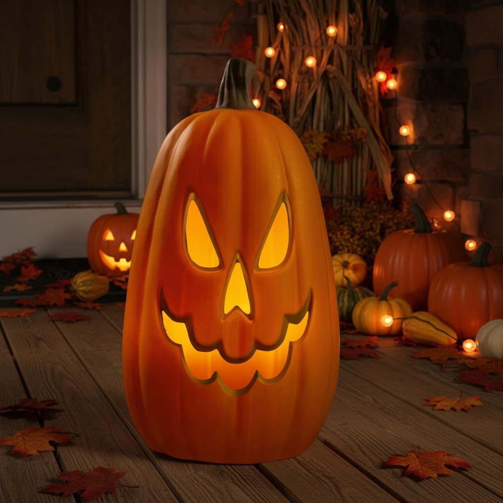 Xodus Battery Operated LED Light Up Pumpkin, Jack-O-Lantern, Timer, 15-inch