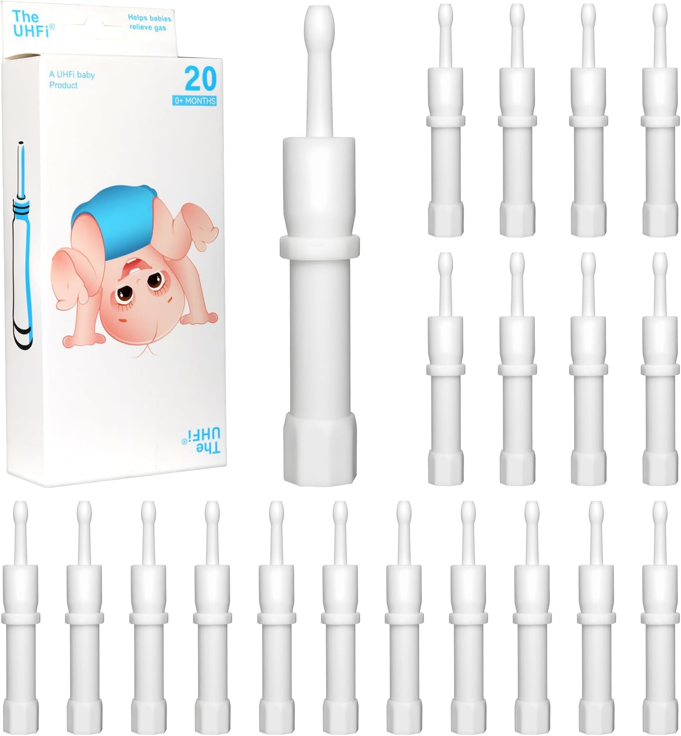 uhfi Gas and Colic Reliever for Babies, Baby Gas Colic Relief, Natural Solution for Baby Colic and Gas Relief, 100% Safe & Effective Instant Constipation Relief for Babies, 20 Count (White)