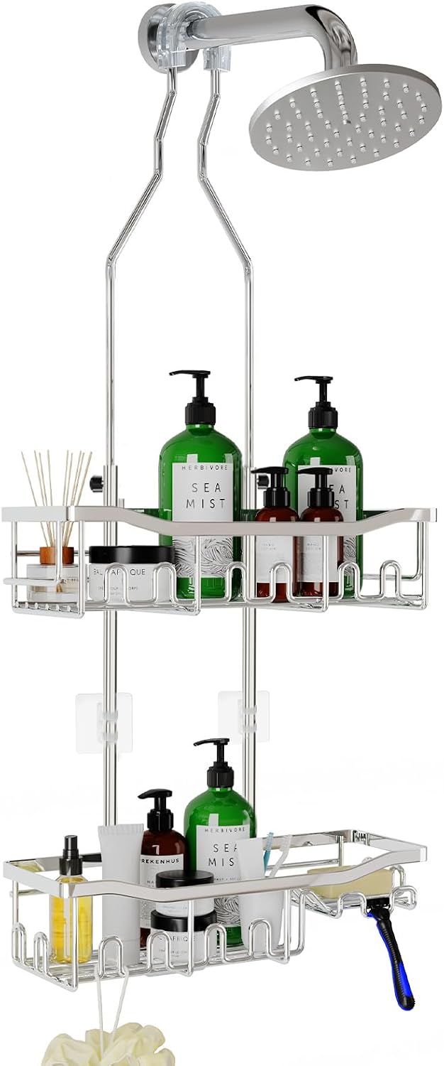 Upgraded Extended Length Shower Organizer with Hooks, Rustproof Shampoo Soap Holder, Large Hanging Bathroom Caddy, Silver