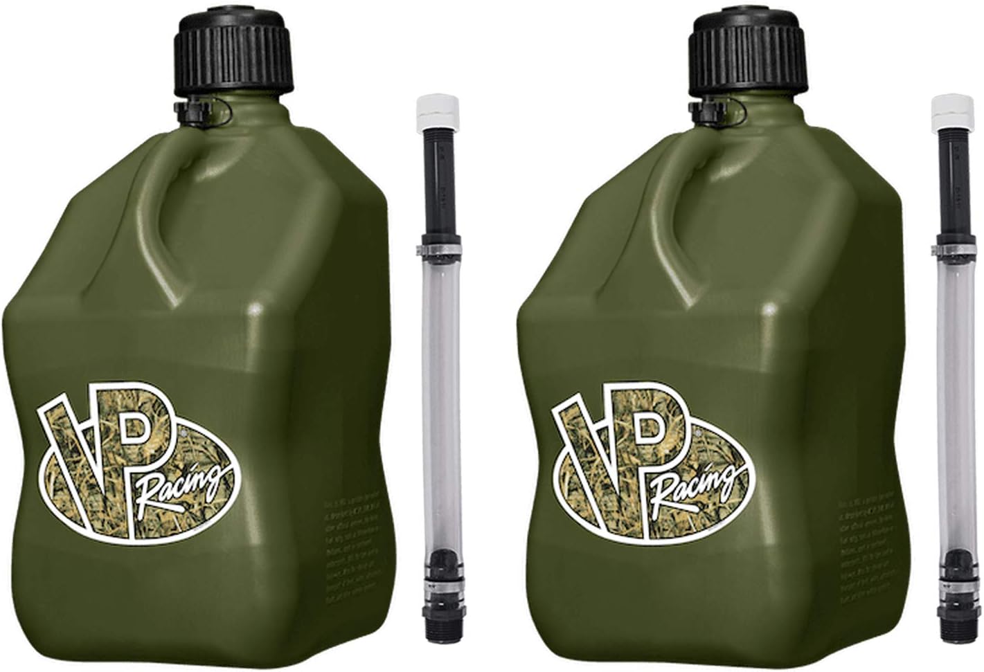 VP Racing 3846-CA, 5.5 Gallon Square Motorsport Jug Camo w/ 14" Standard Hose (2 Pack) Close-Trimmed Cap and Neck for Tight Seal