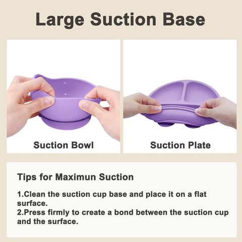 Silicone Baby Feeding Set | Baby Led Weaning Supplies Includes Suction Bowls and Divided Plates, Adjustable Bib, Baby Utensils Spoons and Forks,Cup | Baby Feeding Essentials (Purple)