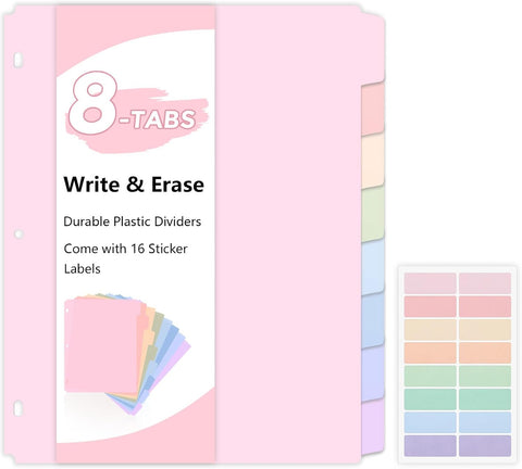 SKYDUE 8 Tab Write & Erase Durable Plastic Dividers for 3 Ring Binders