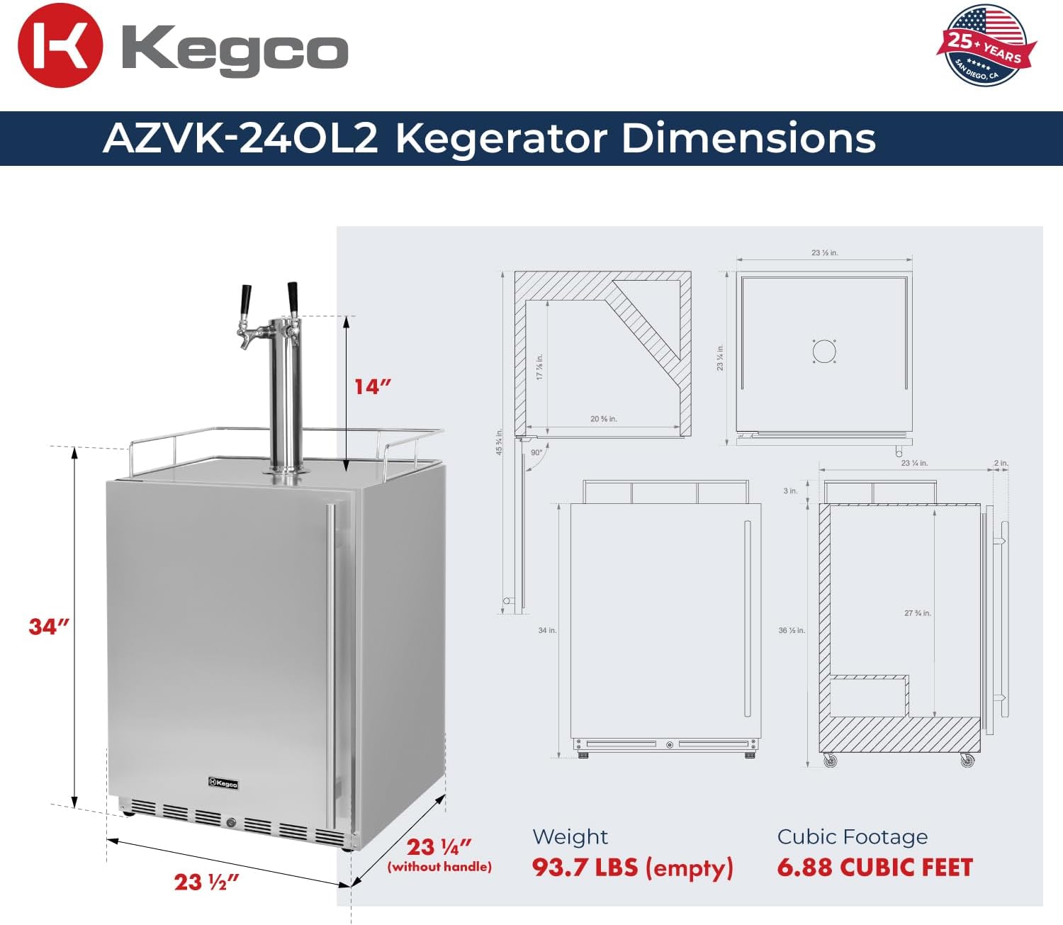 Kegco 24" Wide Outdoor Build-In Dual Tap Stainless Steel Left Hinge Kegerator with Dispense Kit