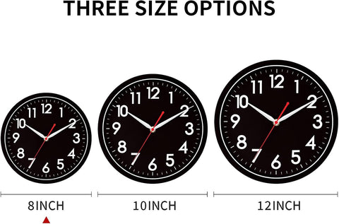 AKCISOT 8 Inch Wall Clock, Silent Battery Operated Analog Clock, Black