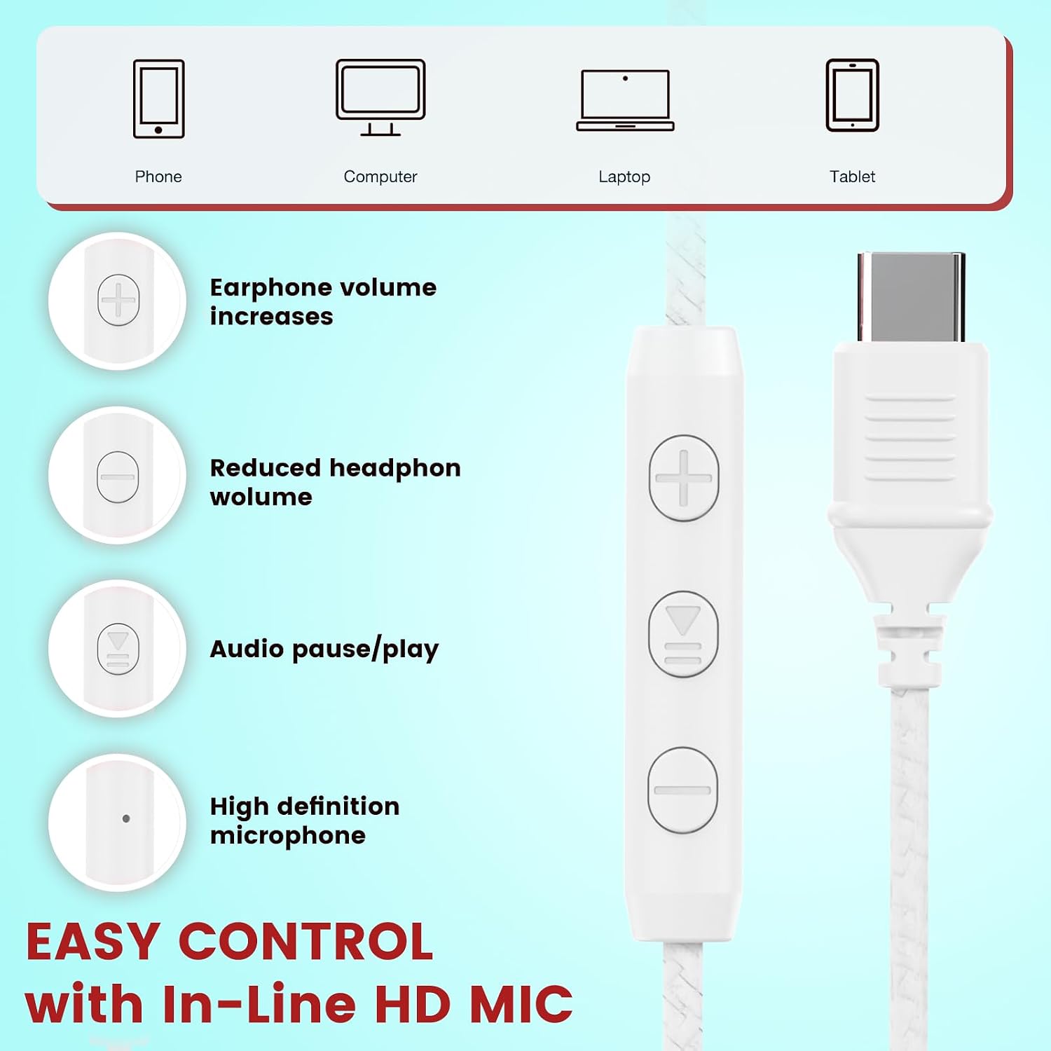 Cowyawn USB C Headphones Wired, Over Ear USB C Wired Headphones with Microphone, Volume Control, HD Stereo Sound, Foldable USB Type C Headphone for Adult/Teens/Laptop/Computer/iPhone 15/16/17, White
