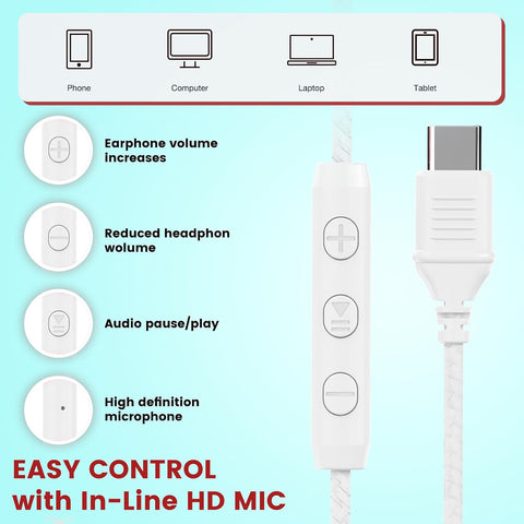 Cowyawn USB C Headphones Wired, Over Ear USB C Wired Headphones with Microphone, Volume Control, HD Stereo Sound, Foldable USB Type C Headphone for Adult/Teens/Laptop/Computer/iPhone 15/16/17, White