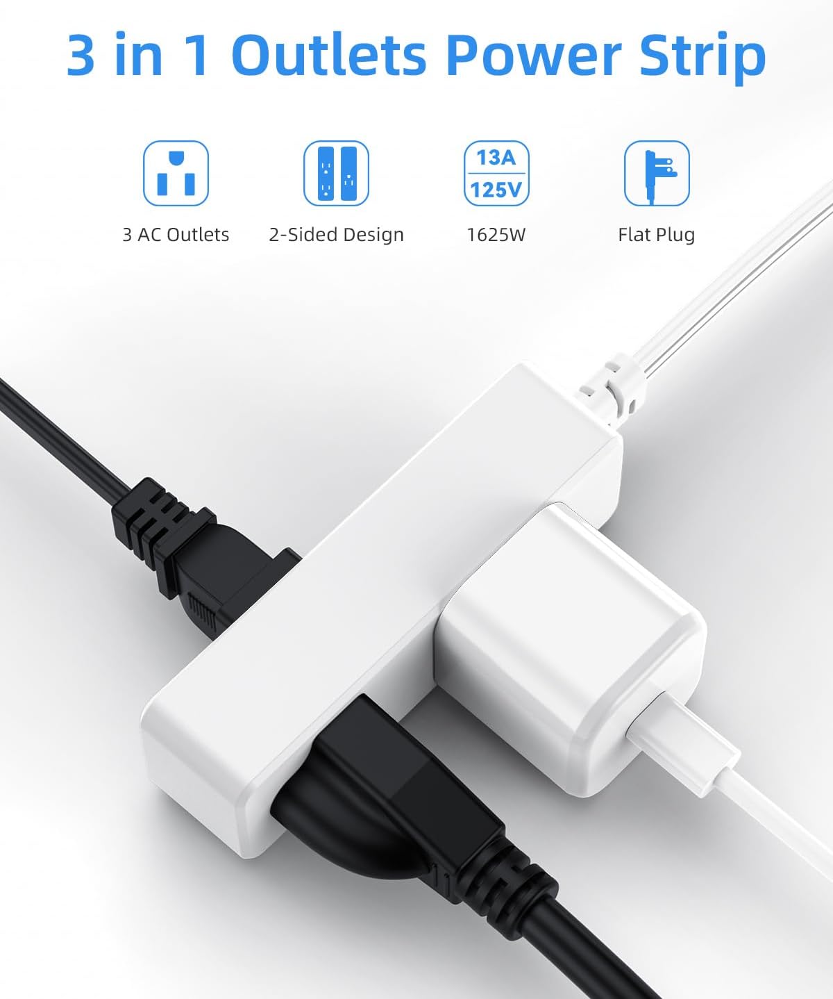 Flat Plug Extension Cord with 3 Outlets - 1 ft White Low Profile Indoor 3 Prong Grounded Power Strip for Home Office & Travel - 16/3 AWG, 13A/1625W